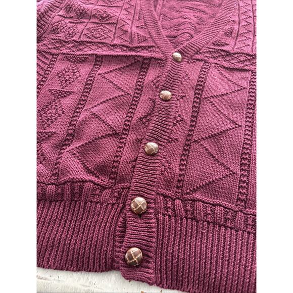 Vtg Structure Burgundy Cable Knit Fisherman Leather Buttons Cardigan Sz L 90s - Picture 2 of 10